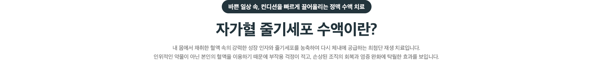 바쁜 일상 속 컨디션을 빠르게 끌어올리는 정맥 수액 치료 자가혈 줄기세포 수액 - 본인 혈액 속 성장 인자와 줄기세포를 농축해 체내에 공급하는 재생 치료